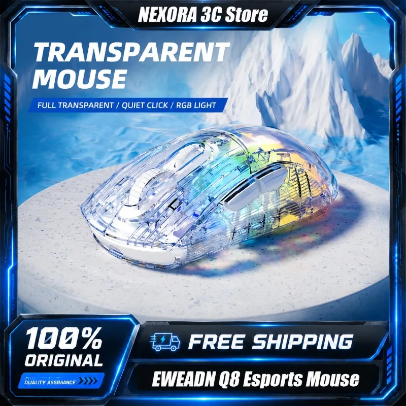 EWEADN Q8 Transparent Wireless Mouse Tri-mode Bluetooth 2.4G Silent Click Mouse High Aesthetic Gaming Mouse for Office Laptop