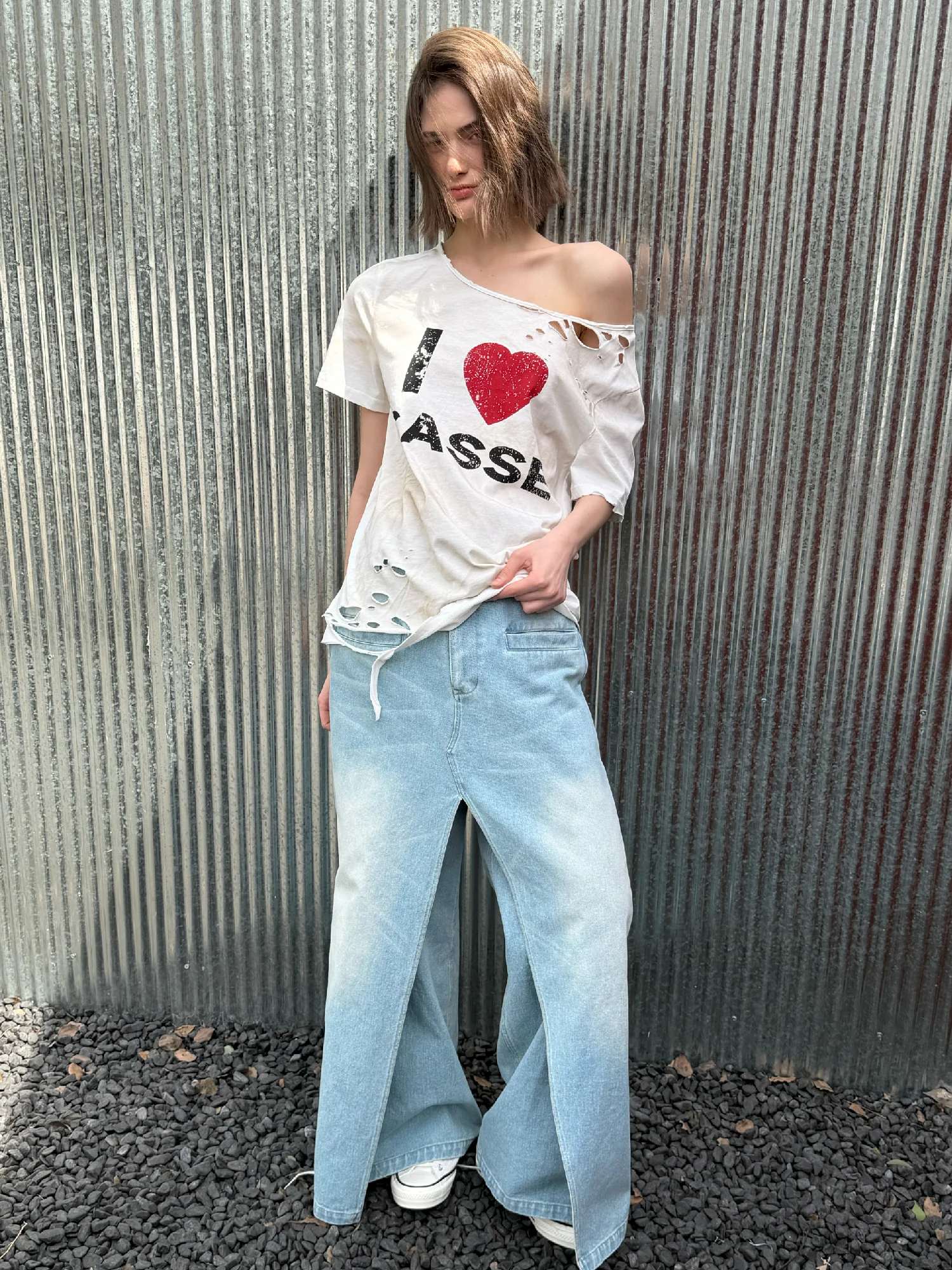 Casse Sango Vintage Washed Distressed Print Large Collar Off-shoulder Loose Short Sleeve T-shirt for Women Summer 2026