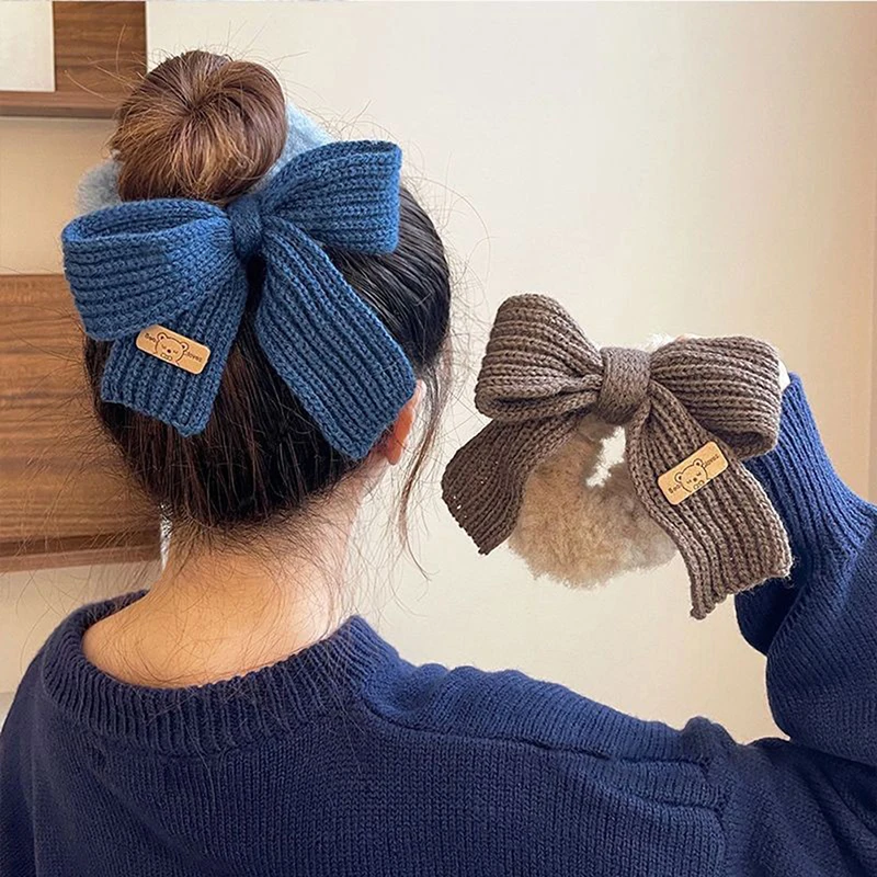 New Scrunchie Women Warm Hair Scrunchies Winter Knit Hair Ties Bow Hair Bands Plush Elastic Band Hair Accessories