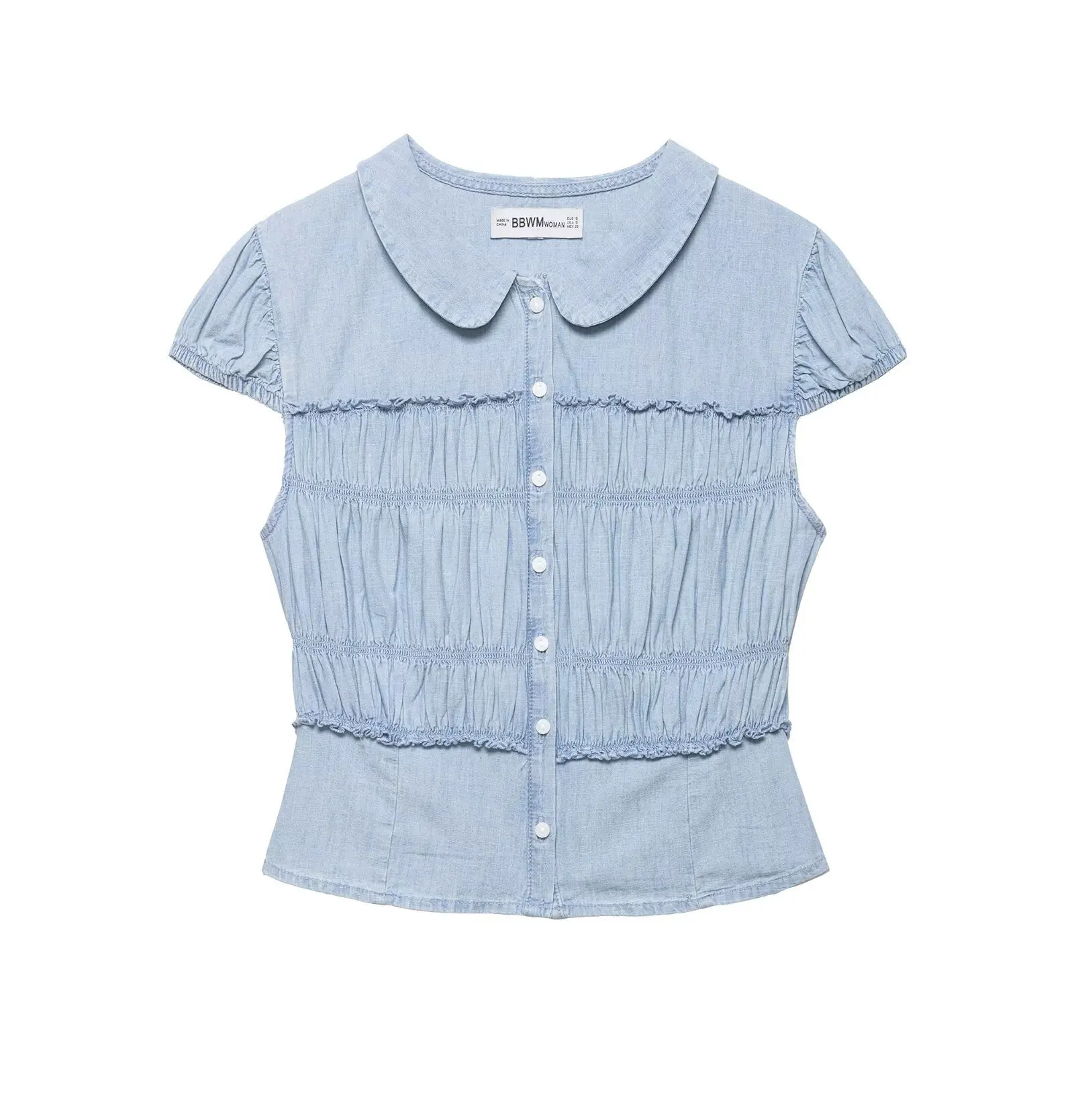 

2026 spring and summer new women's sweet style waist small round lapel single breasted puff short-sleeved shirt