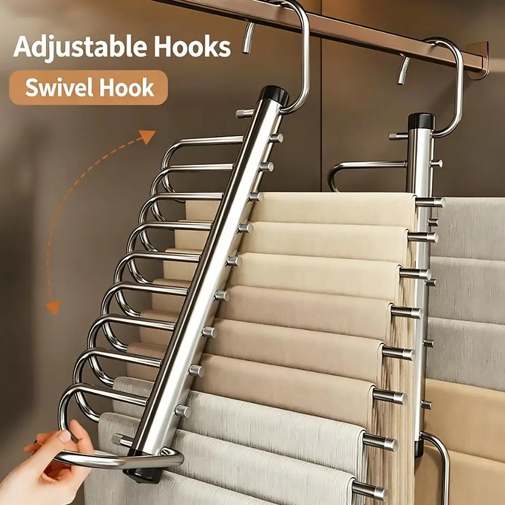 Stainless Steel Folding Pants Hanger – Multi-Layer Magic Clips & Retractable Space-Saving Organizer