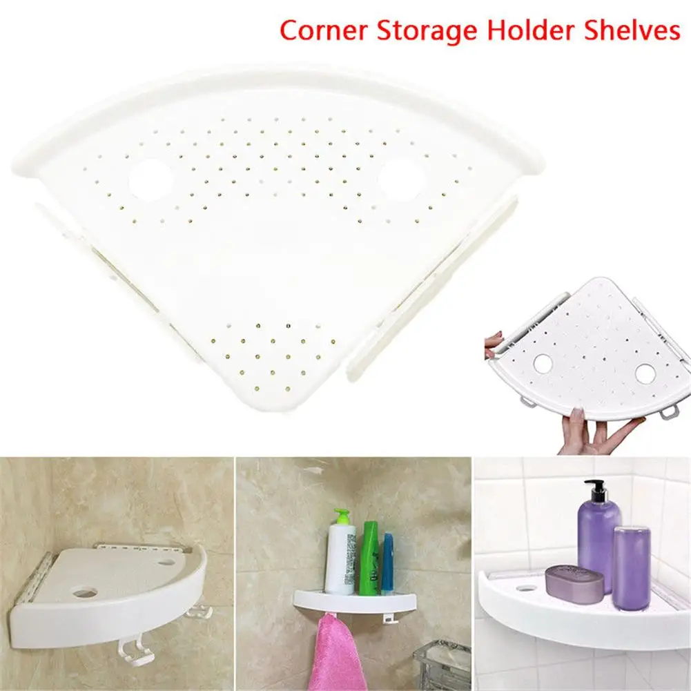 

White Bathroom Corner Shelf Organizer with Hooks, Easy Install Kitchen Storage Rack - Non-Marking Design, One Size