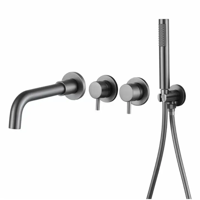 

Juego grifería para bañera con cascada y ducha mano, acabados en oro rosa cepillado, metal bronce, oro rosa cepil