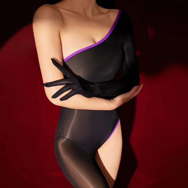 

Sexy Female Lingerie Jumpsuit Cut Out One Shoulder Shiny Glossy Full Body Stockings Silky Smooth Bodysuit Seamless Bodystocking