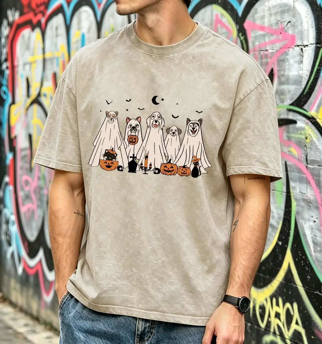 washed T Shirt Cute spooky season dog ghost Halloween Fall shirts for Women lover long or short sleeves vintage Washed