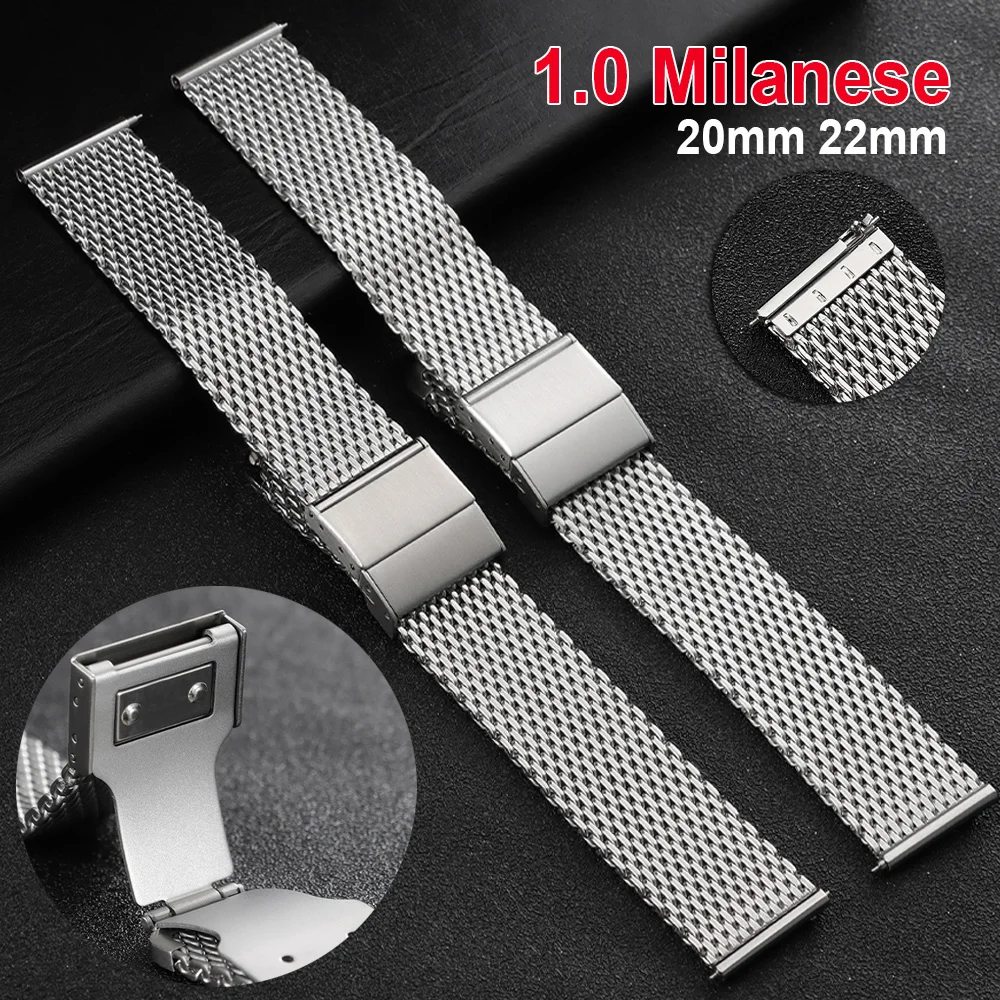 

1.0 Mesh Stainless Steel Strap 20mm 22mm Matte Silver / Polished Silver Milanese Watch Band Premium Quick Release Bracelet
