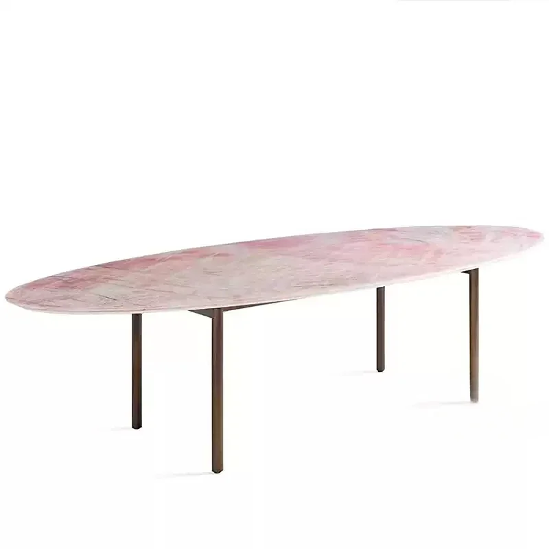 Light luxury pink jade marble dining table Italian luxury villa restaurant household oval dining table