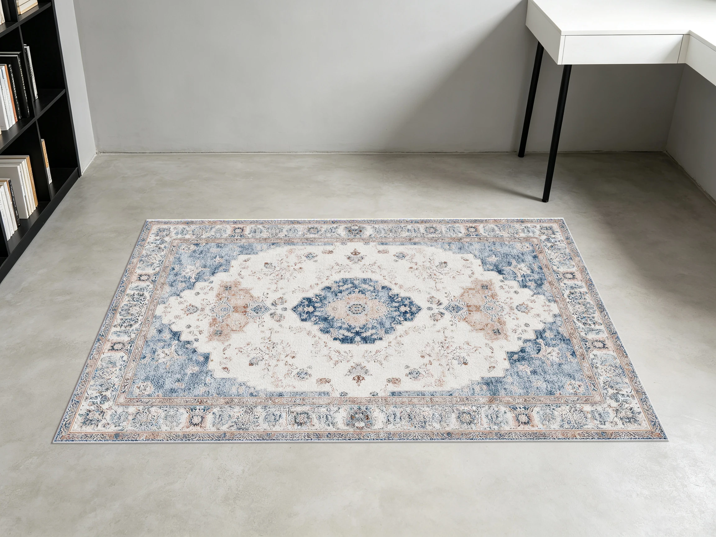 Blue‑Beige Vintage Persian Area Rug, Classic Medallion with Multi‑Border, for Autumn Winter Home Refresh, Decor for Office and Living Room