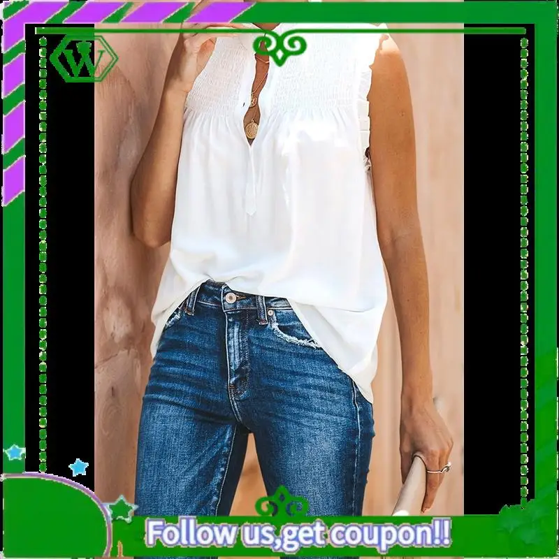 

A18P-Women Tops Sleeveless Button Down Neckline Blouses Ruffled Chest Pleated Front Vest Casual Basic Shirts Top