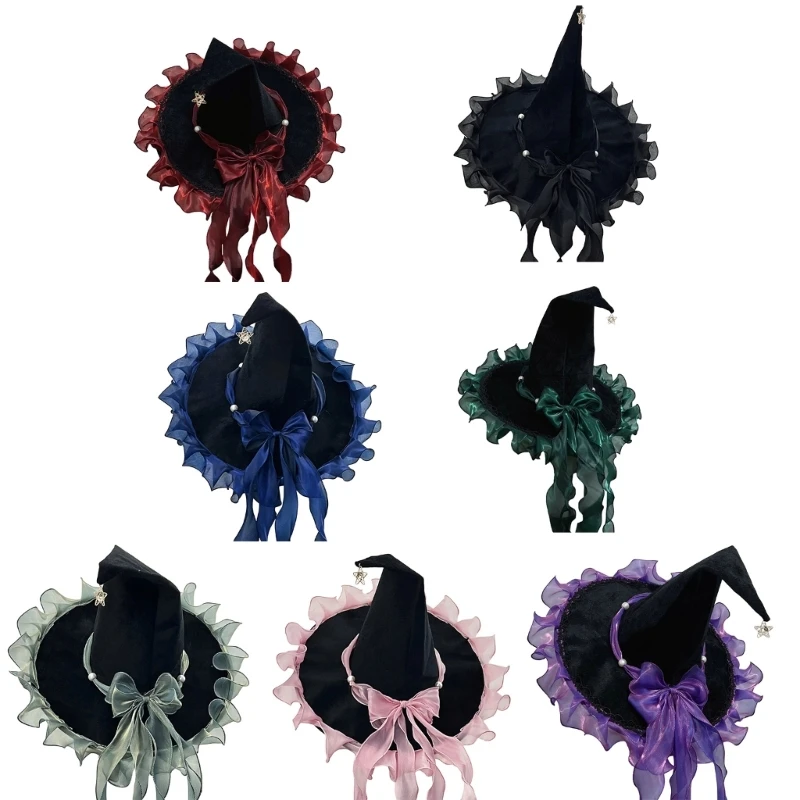 Halloween Witch Hat for Women Pointed Costume Hat with Dramatic Ribbon Accent for Cosplay Party Photo Styling