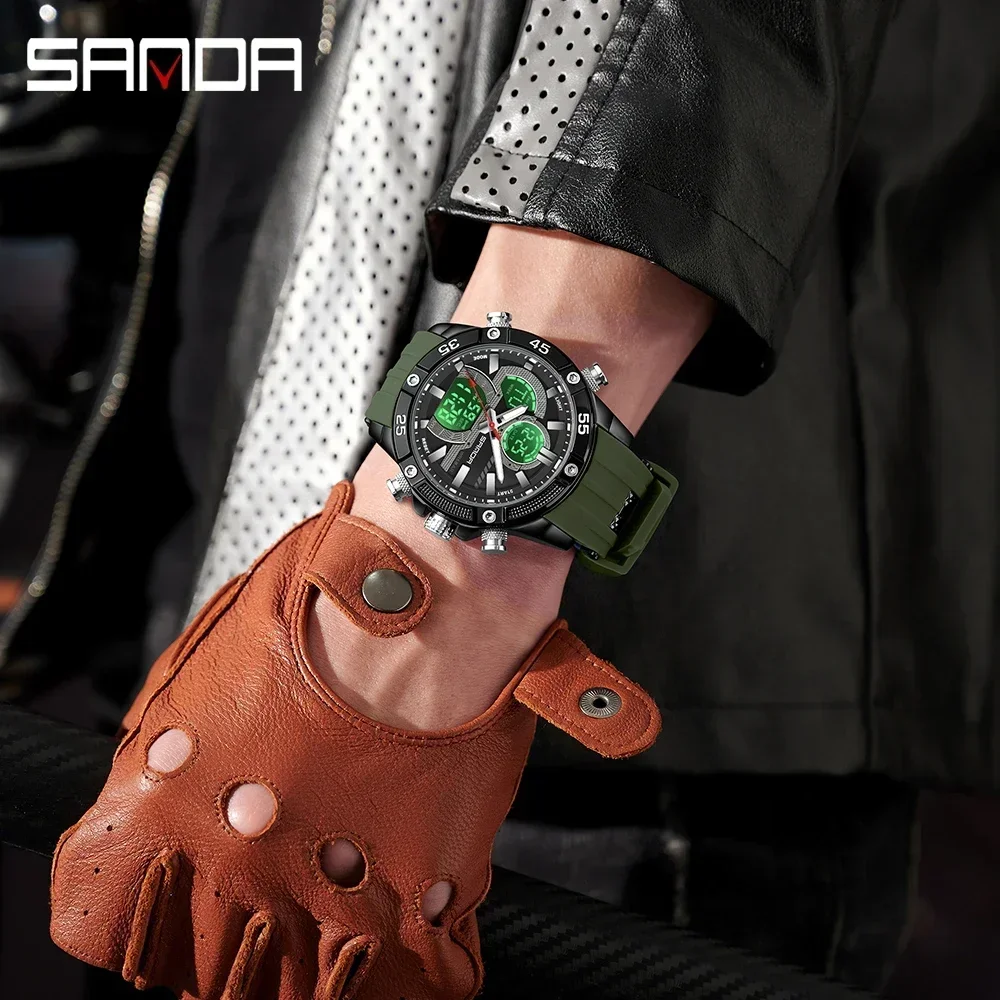 Sanda 2025 New Dual Screen Men's Digital Watch Nightlight Waterproof Multifunctional Popular Men's Alarm Clock Wristwatch