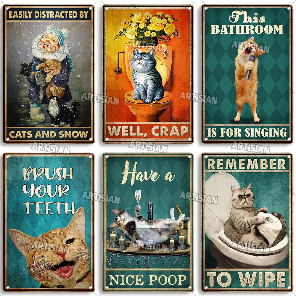 ARTISIAN Vintage Funny Bathroom Metal Poster Weathered Cat Metal Tin Sign Classic Wall Metal Sign Home Bar Club Industrial Decor