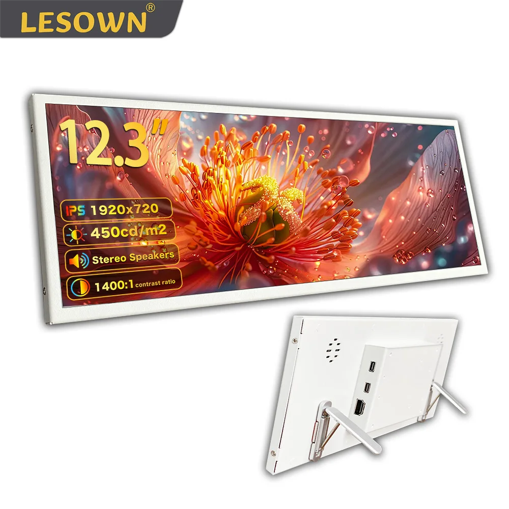 LESOWN 12.3" Ultra-Slim White Touch Display 1920x720 IPS LCD Stretched Bar Second Screen Edge Display Dual Speakers for Laptop