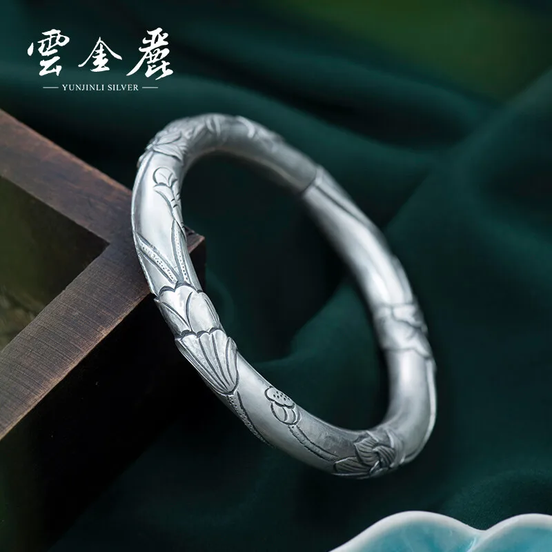 

Yunjinli Mother's Day Gift Silver Bracelet Ladies Traditional High Relief Lotus Ethnic Style Open Handmade 999 Pure Silver Brace