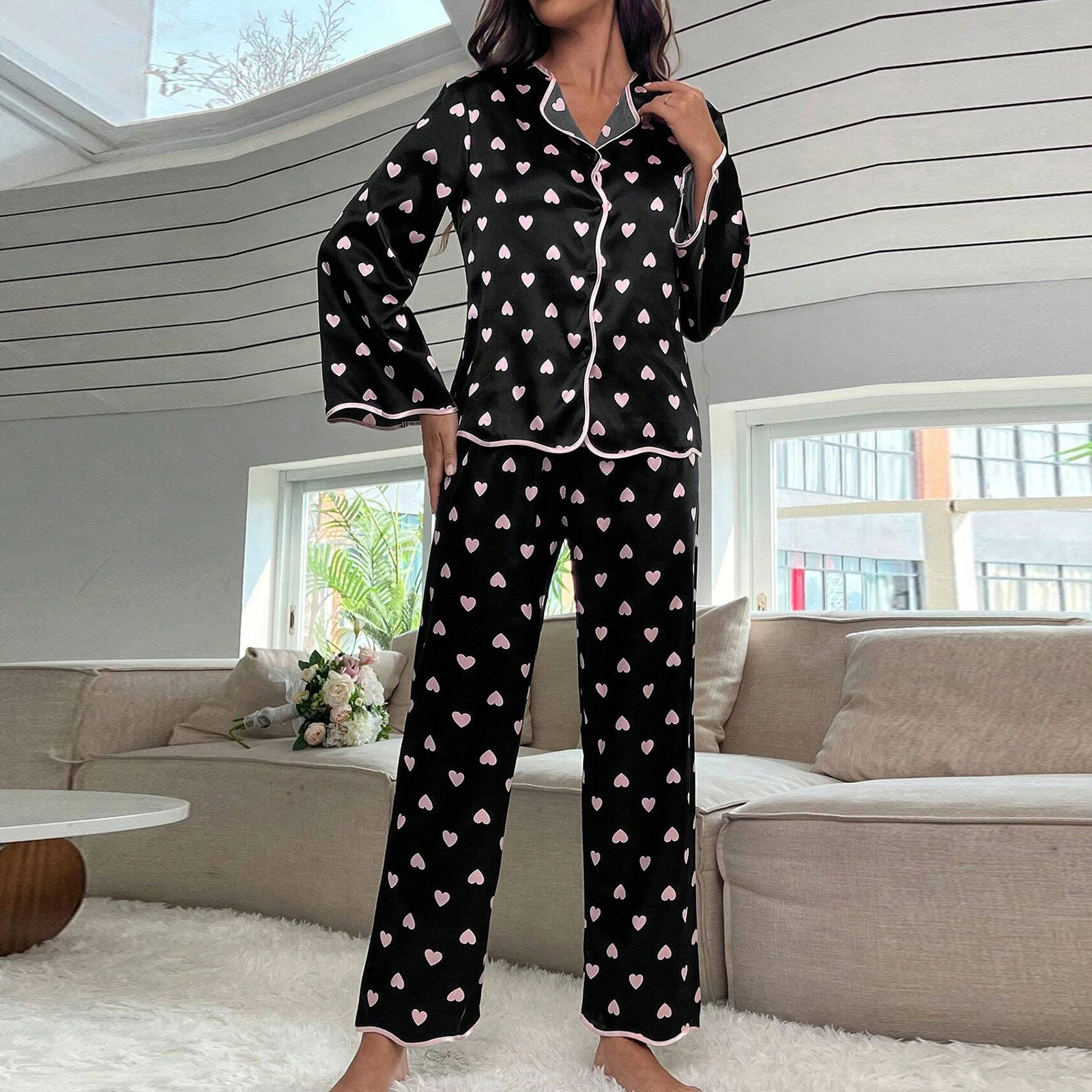 Womens Spring Satin Heart Print Pajamas Pyjamas Set Sleepwear Pijama Pajamas Suit Female Home Two Piece Set Women\'s Loungewear