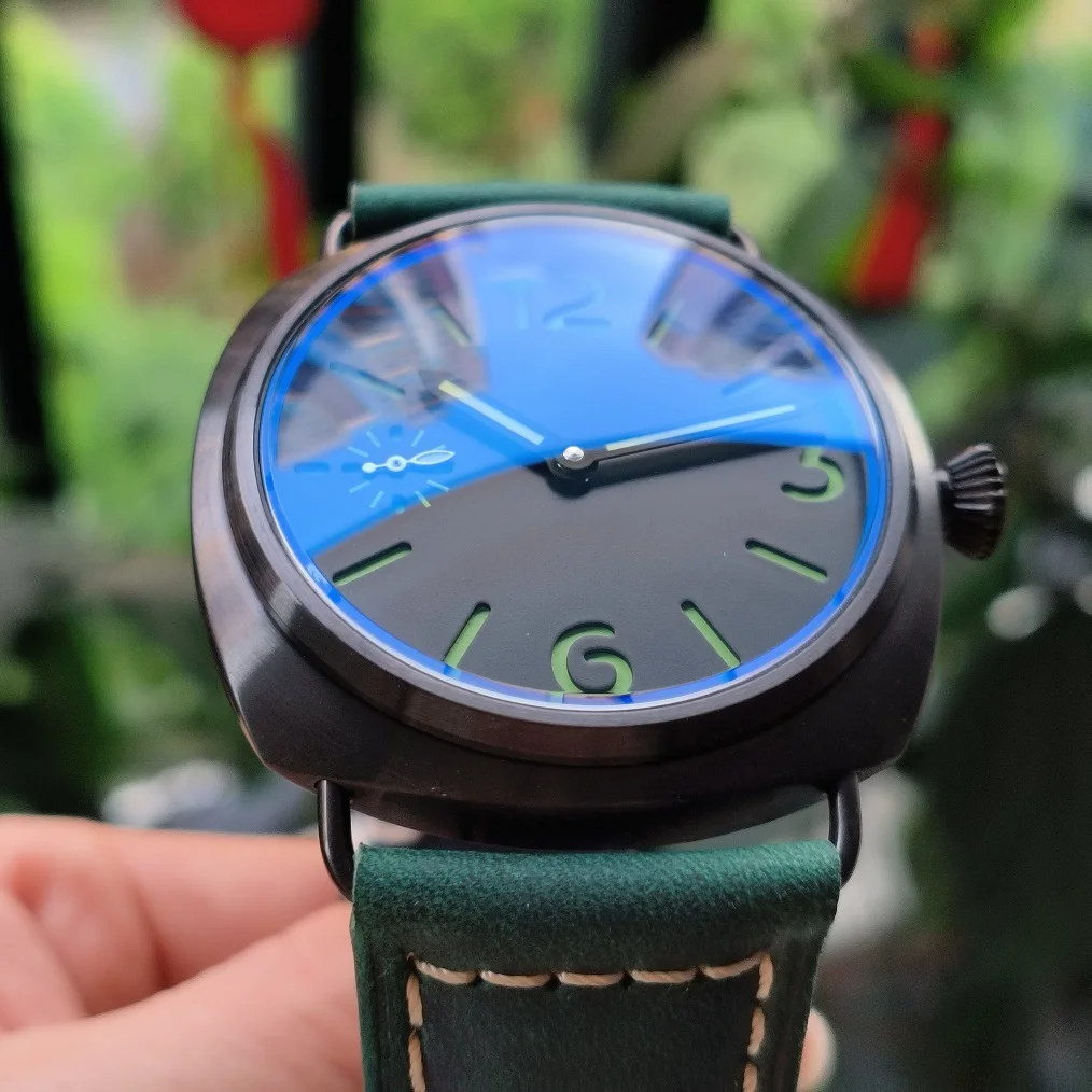 no logo 45mm Mechanical Hand Wind watch Brushed PVD Black case Blue coated mineral glass Black dial green number Seagull ST3600