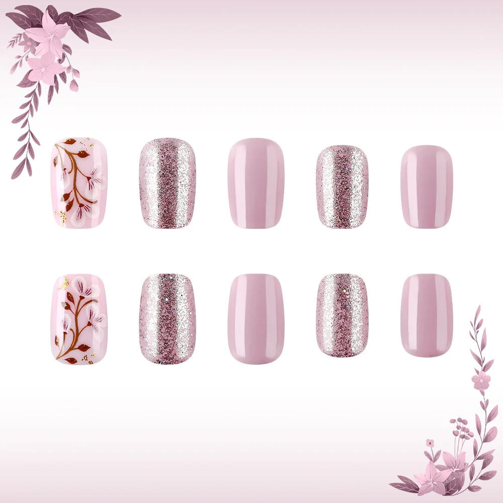 

Daily Versatile Manicure Short Square Press On Nails Glossy Pink White Gold Glitter Design 24 Pieces Reusable Nail Tips For Spring Summer