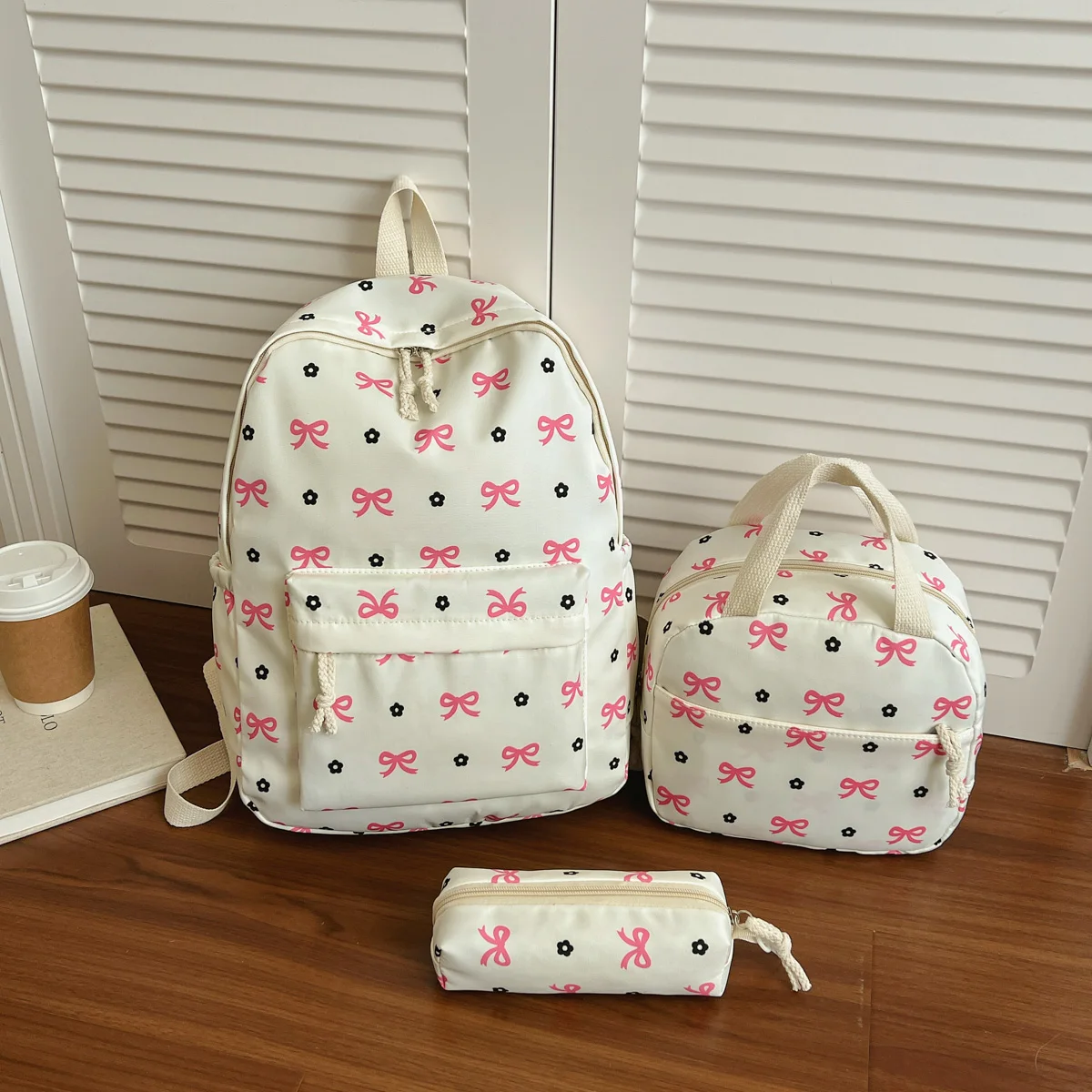 Clean Refreshing Bow Print Three Piece Backpack Set Lightweight, Large Capacity, Multifunctional Student Backpack Campus Outdoor