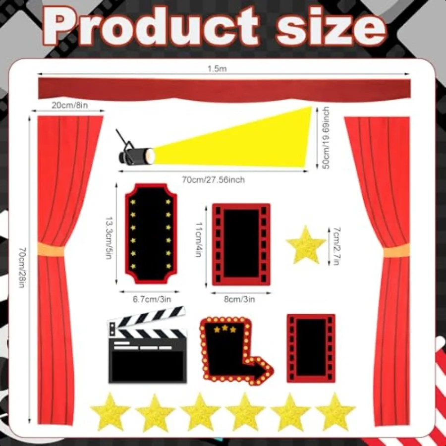 28-delige filmnacht prikbord klaslokaal decor achtergrond rode loper film feestlicht camera actie ster uitsparing DIY bulletin