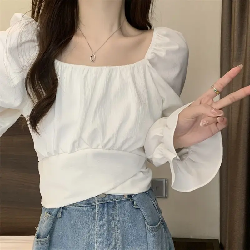 Blouses Women Vintage Casual 6-colors Sweet Female Spring Bandage Elegant Square Collar Streetwear Gentle Ins Daily Simple Chic