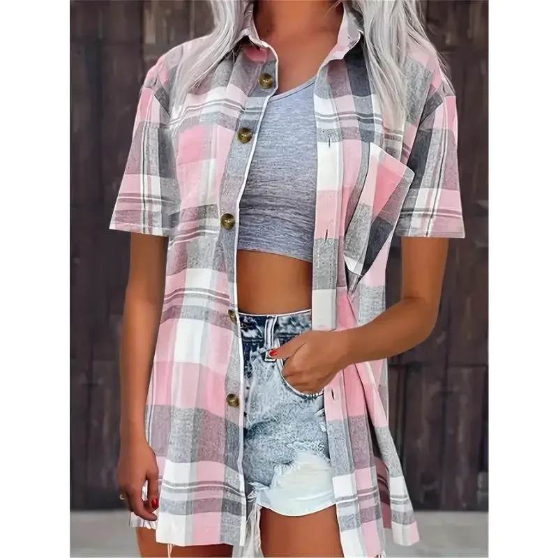 

Plus Size 1XL-5XL Women Fashion Plaid Shirt Blouse Women's Casual Print Short Sleeve Button Up Lapel Collar Shirt Top