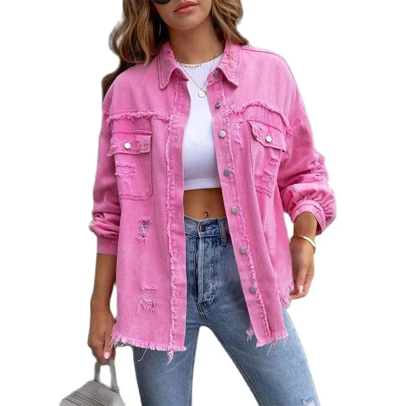 

New Women Holes Raw-edges Denim Jacket Spring Autumn Shirt Style Jeancoat Casual Top Rose-Red Orange Purple Outerwear Lady Coat