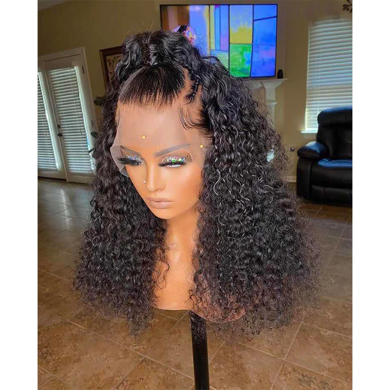 Soft Long 26Inch 180Density Natural Black Kinky Curly Deep Lace Front Wig For Women With Baby Hair Preplucked Glueless Daily