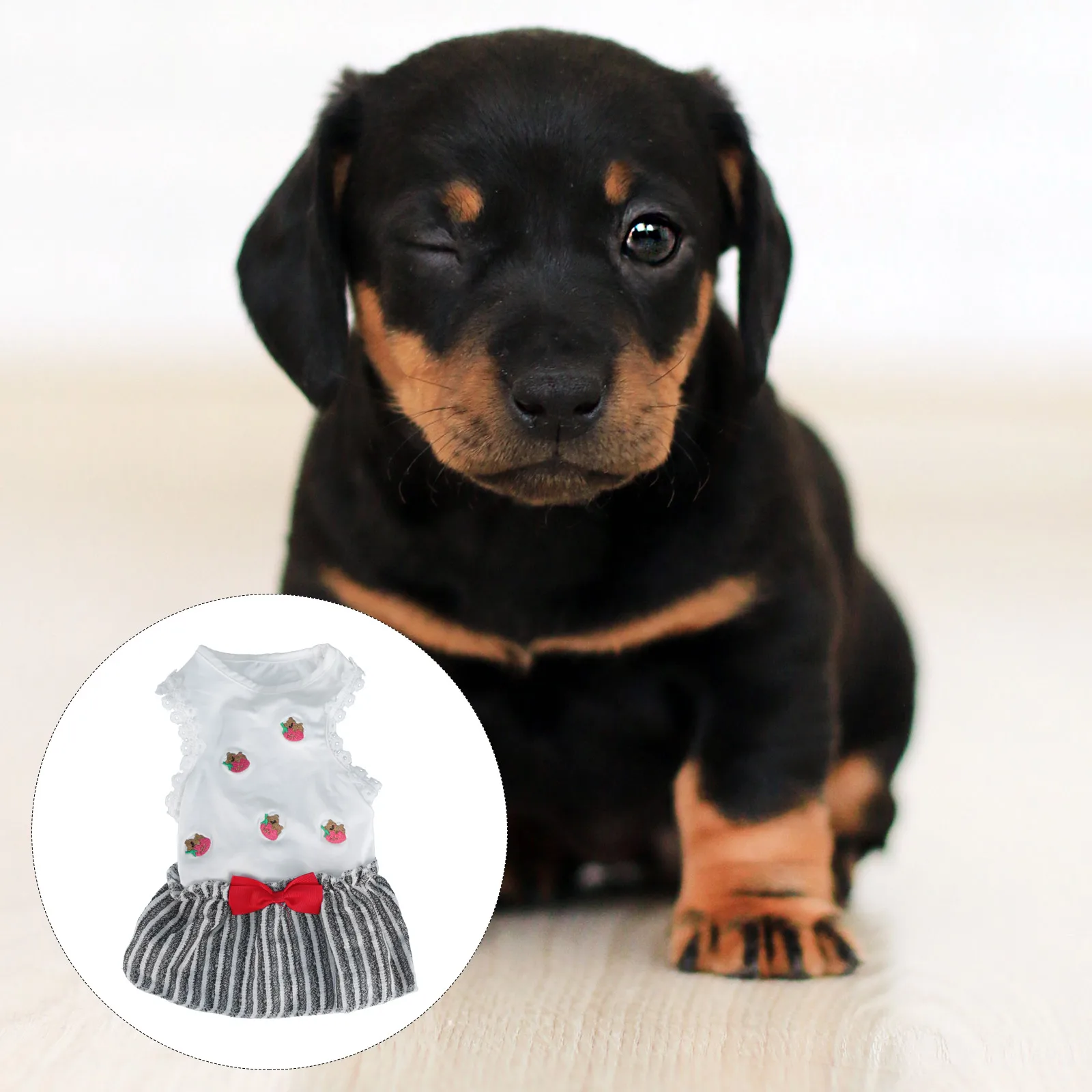 

Lovely Strawberry Pattern Dog Dress Cute Pet Skirt Striped Design Comfortable Breathable Easy Wear Outdoor Walking Summer White