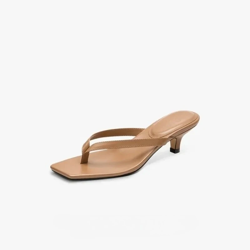 Square toe clip sandals for women 2023 summer new high heel flip-flops large size slim heel women's outdoor leather slippers view 4