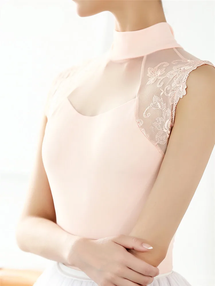 Ropa de práctica Sexy de una pieza para mujer, traje de baile de gimnasia de encaje, leotardo de Ballet de cuello alto para adultos