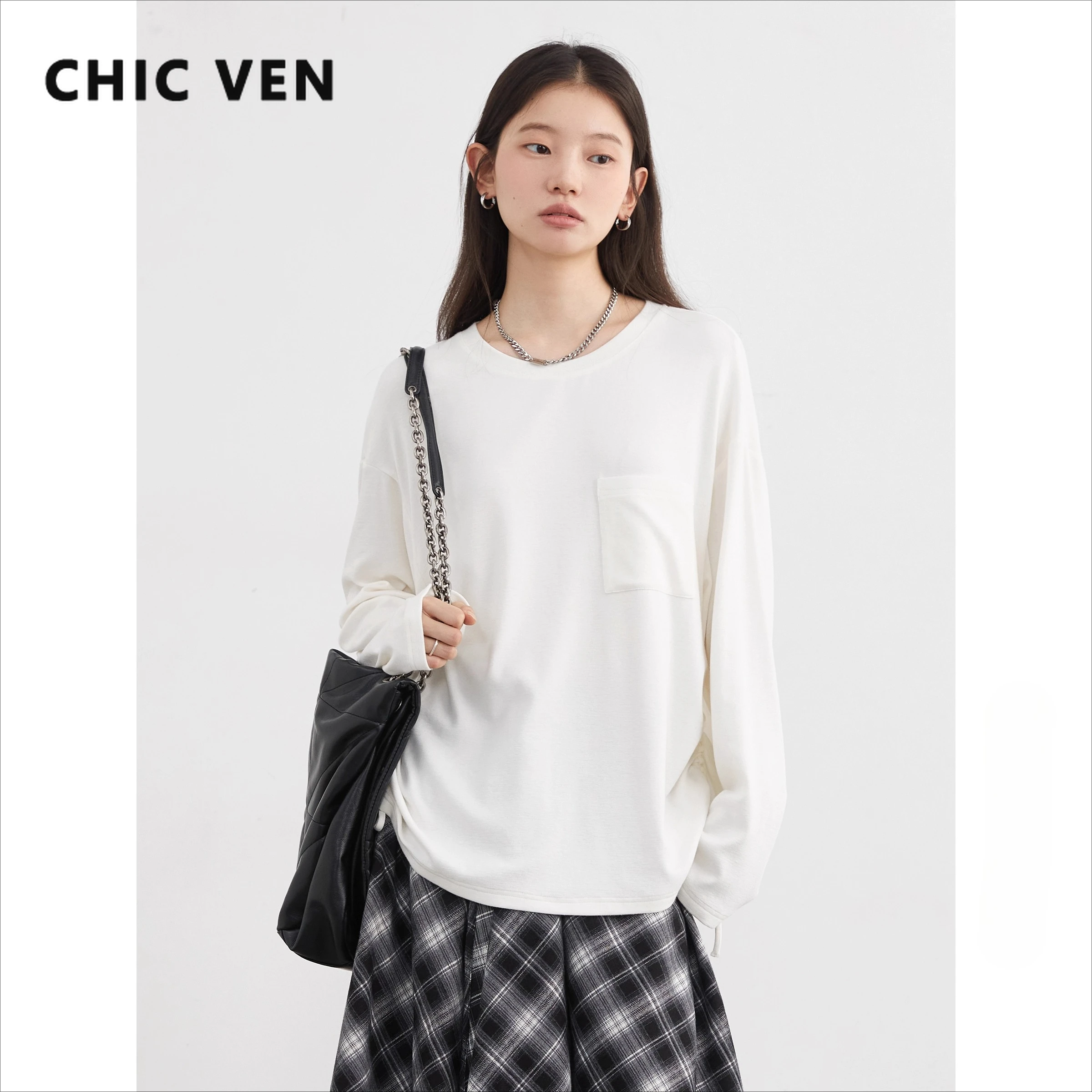 

CHIC VEN новые женские футболки с однотонным круглым вырезом, свободные повседневные майки с завязками по бокам, женские футболки с длинными рукавами, весна-осень 2025