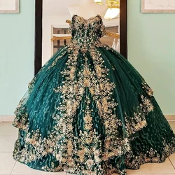 Emerald Green Quincenara Dress 2024 Bow Mexico Gold Applique Lace Vestidos De 15 Años XV Brithday Sweet 16 Dresses Ball Gown