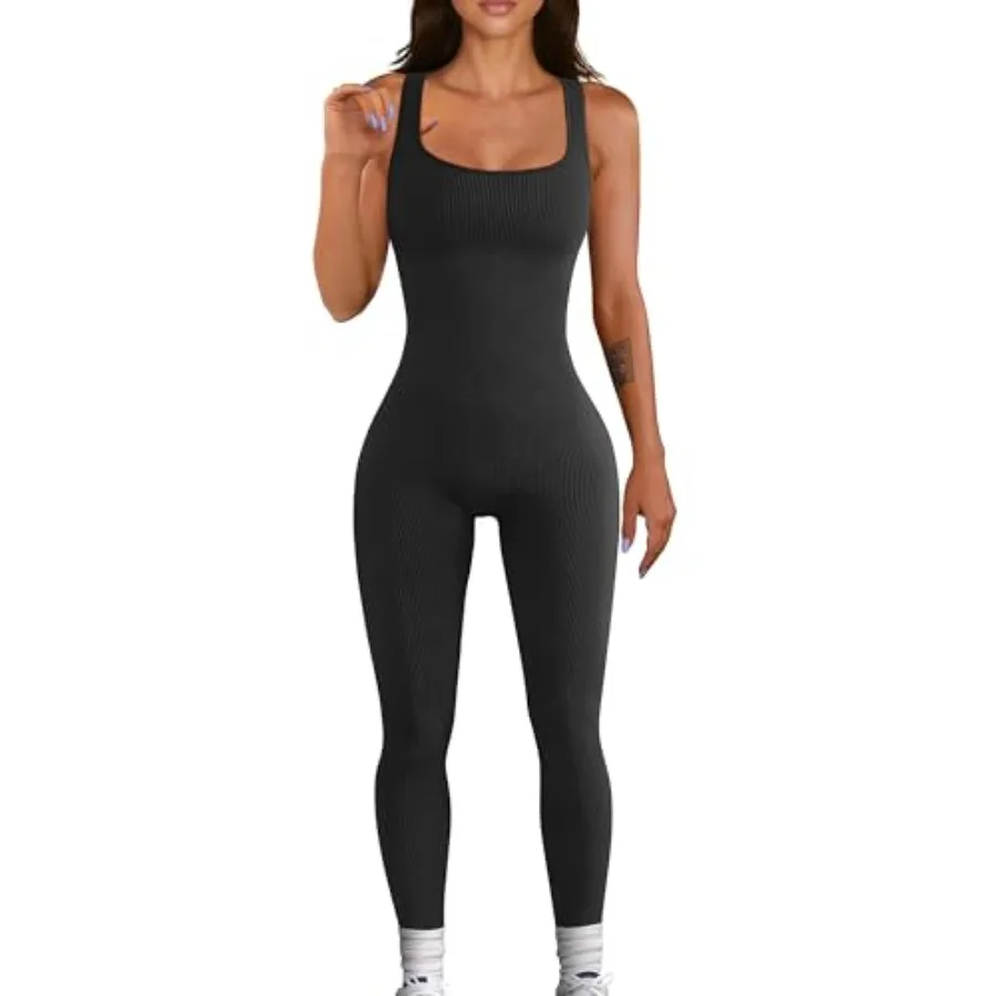 

Women Workout Seamless Jumpsuit Yoga Ribbed Bodycon One Pcs Tank Top Leggings Romper
