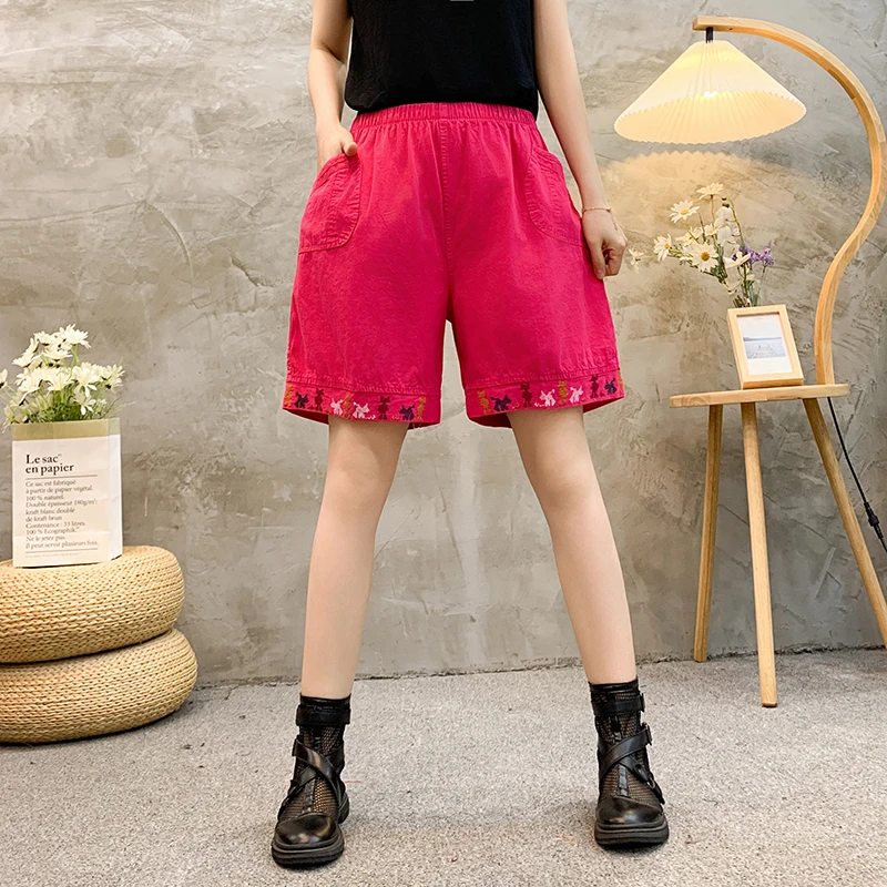 Plus size Commute Summer Thin Cotton Elastic Pants Women\'s Solid Spliced Pockets Epaulet Loose Straight Casual High Waist Shorts