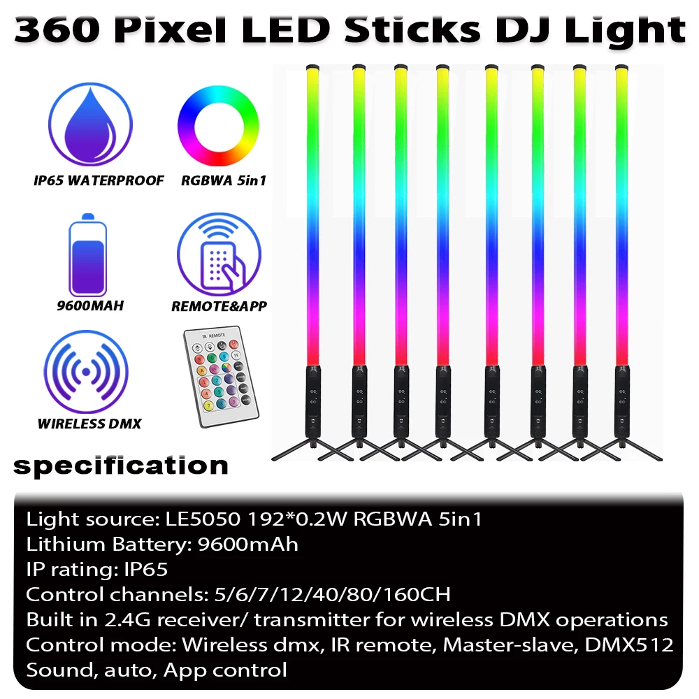 8PCS in Case Stands Battery Powered Wireless 360° Pixel LED Tube DMX512 RGBWA Stage Lights for Wedding Party Bar Club Decoration
