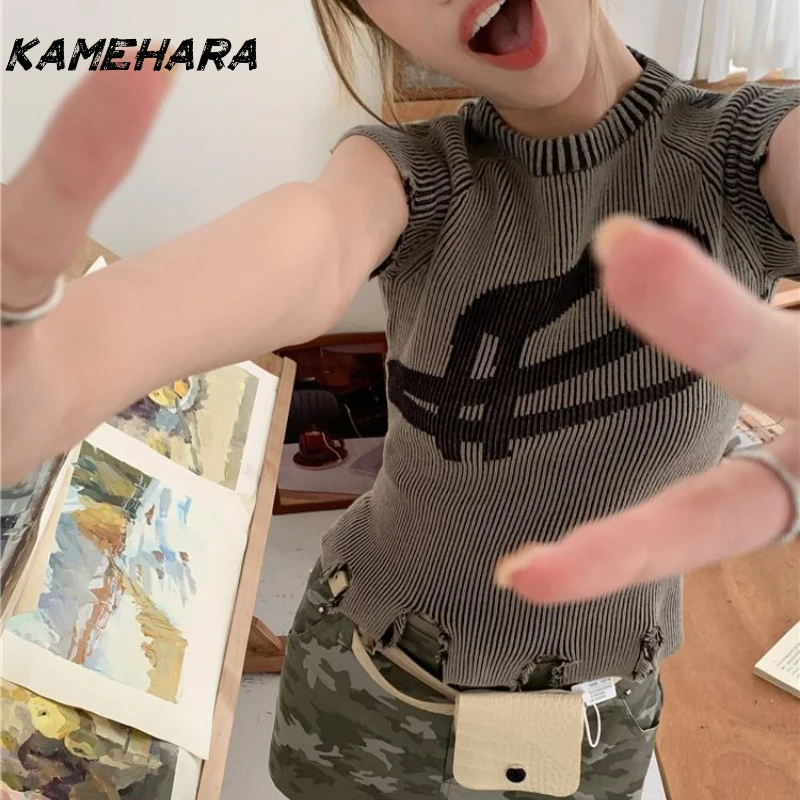 

KAMEHARA Grunge Aesthetics Knitted Tee Vintage Distressed Shirt Punk Broken Crop Tops Harajuku Slim Ribbed Shirts Y2k Streetwear