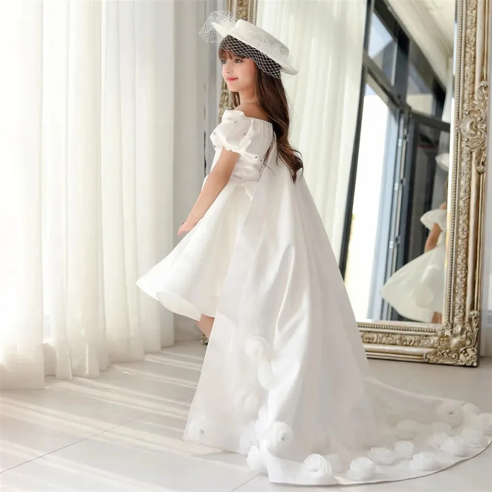 

Customized Flower Girl Wedding Dress Off Shoulder with Sweep Train Floral Princess Birthday Party Kids First Communion Gown