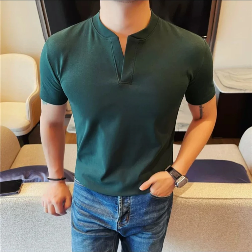 2026 Summer Short Sleeved T-shirt Men's Cotton V-neck Casual T-shirts Solid Color Versatile Business Bottom T-shirt Men Clothing