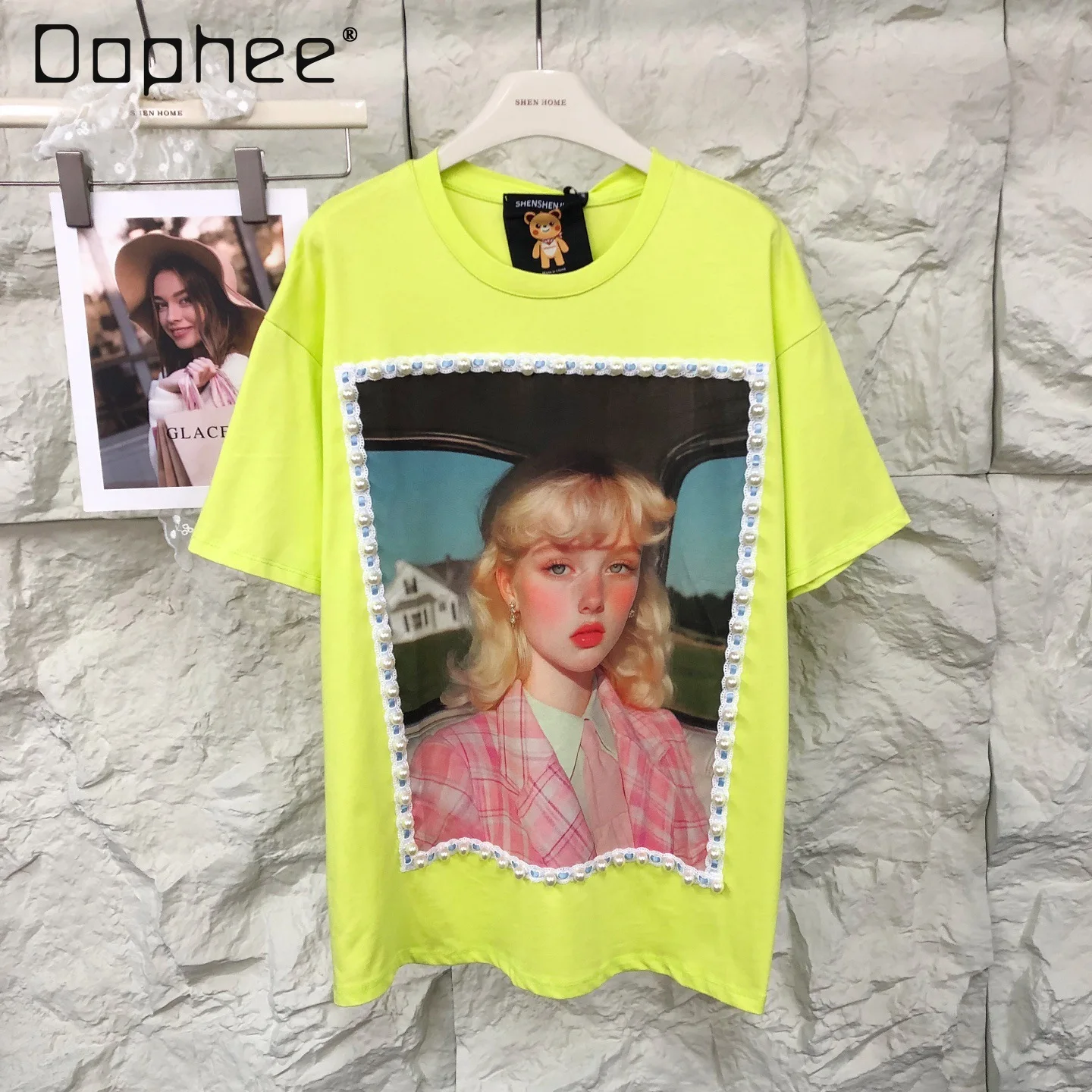 

Beaded Lace Temperament Girls Character Printing Short Sleeve T-Shirt Crew Neck Fashion Top Women Aesthetic Clothes