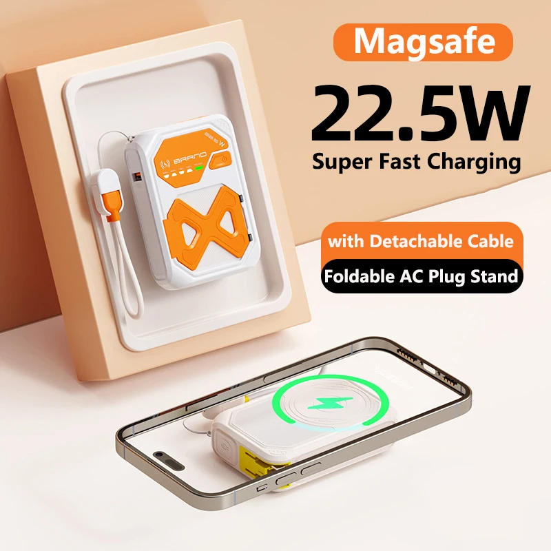 

20000mAh Magsafe Power Bank with Cable AC Plug Wall Charger 22.5W Fast Charging Powerbank for iPhone 15 Xiaomi Samsung Poverbank