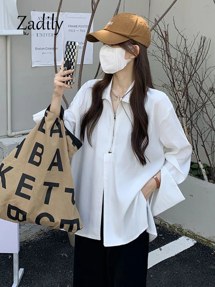 2024 Autumn Streetwear Long Sleeve White Shirt and Blouse Women Minimalist Zipper Oversize Ladies Shirts Female Clothing Y2K Top