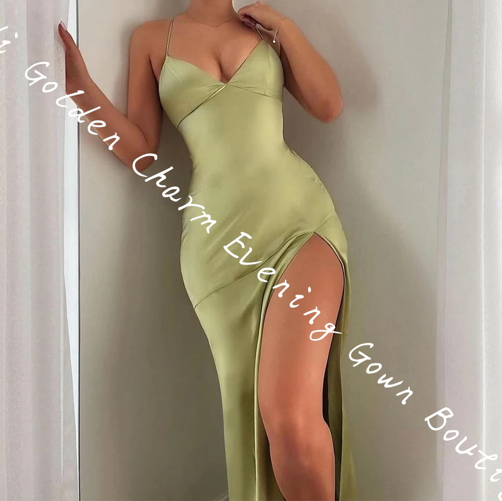 Mermaid Floor Length V Neck Spaghetti Straps Satin Sleeveless Green Classic Evening Dresses Panel Train Lace Up Back Prom Gow