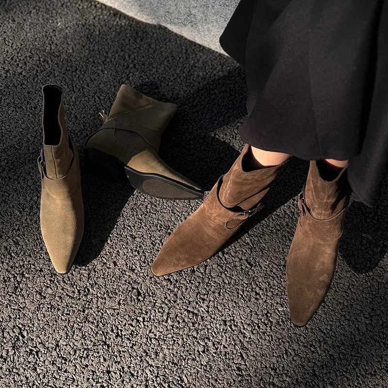 

Birkuir Pointed Toe Thick Heel Ankle Boots Women Slip On Buckle Genuine Leather Women Shoes Luxury Sheep Leather Short Boots