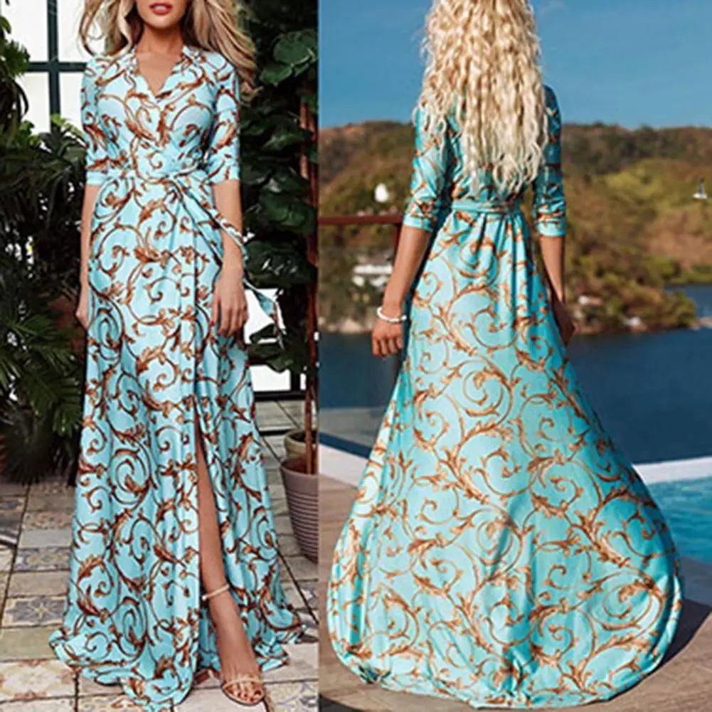 

Formal Boho Dress Slim Printed Large Hem Dress Large Hem Women Maxi Dress for Gathering