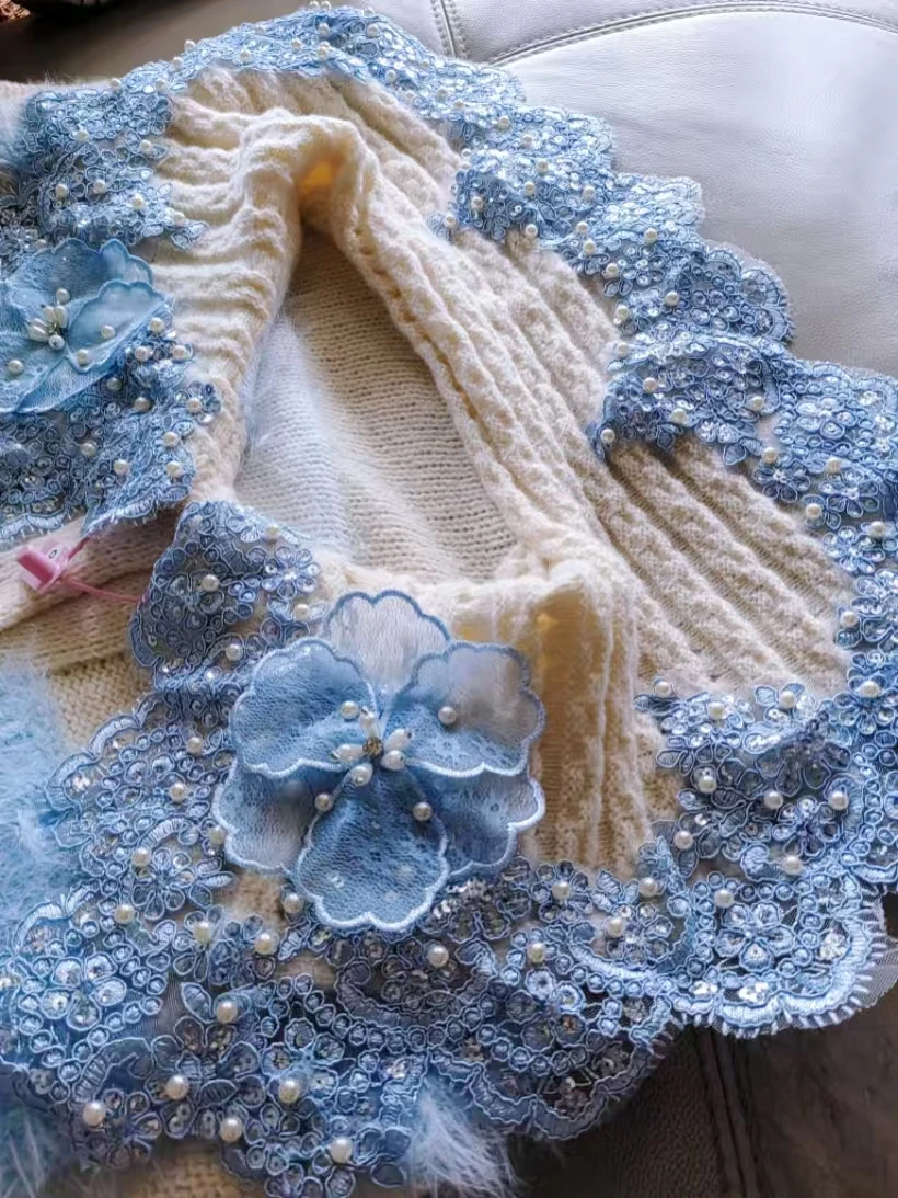 Luxe stijl dikke warme namaakbont gebreide wintertrui voor dames bloem kralen gebreide vest jas uitloper trui jas