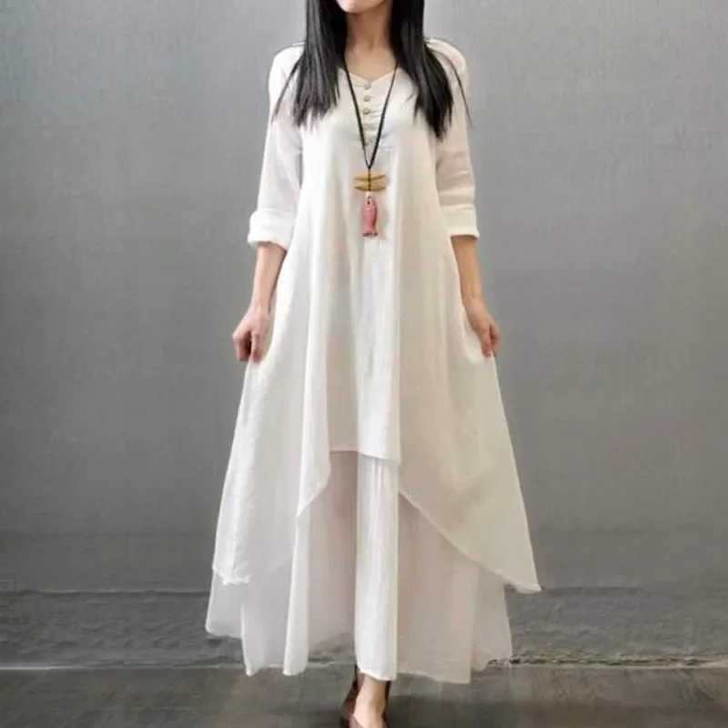 

Pure Cotton Harajuku Chinese Style Dress Women New Korean Large Size Fashion V-neck Simple but Elegant Solid Color Long Dress