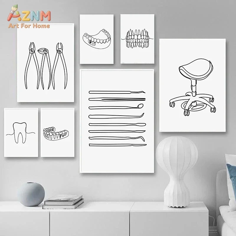 AZNM Unframed Canvas Print Minimalist Dental Line Art Wall Art Teeth and Tools Dentist Clinic Home Decor Poster