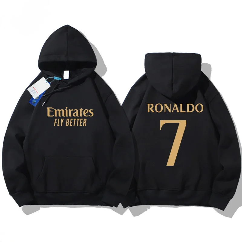 Barcelona Real Madrid C Luo7 Hooded Loose Casual Pullover Long Sleeved Hooded Sports Shirt Men\'s Youth Football Training Uniform