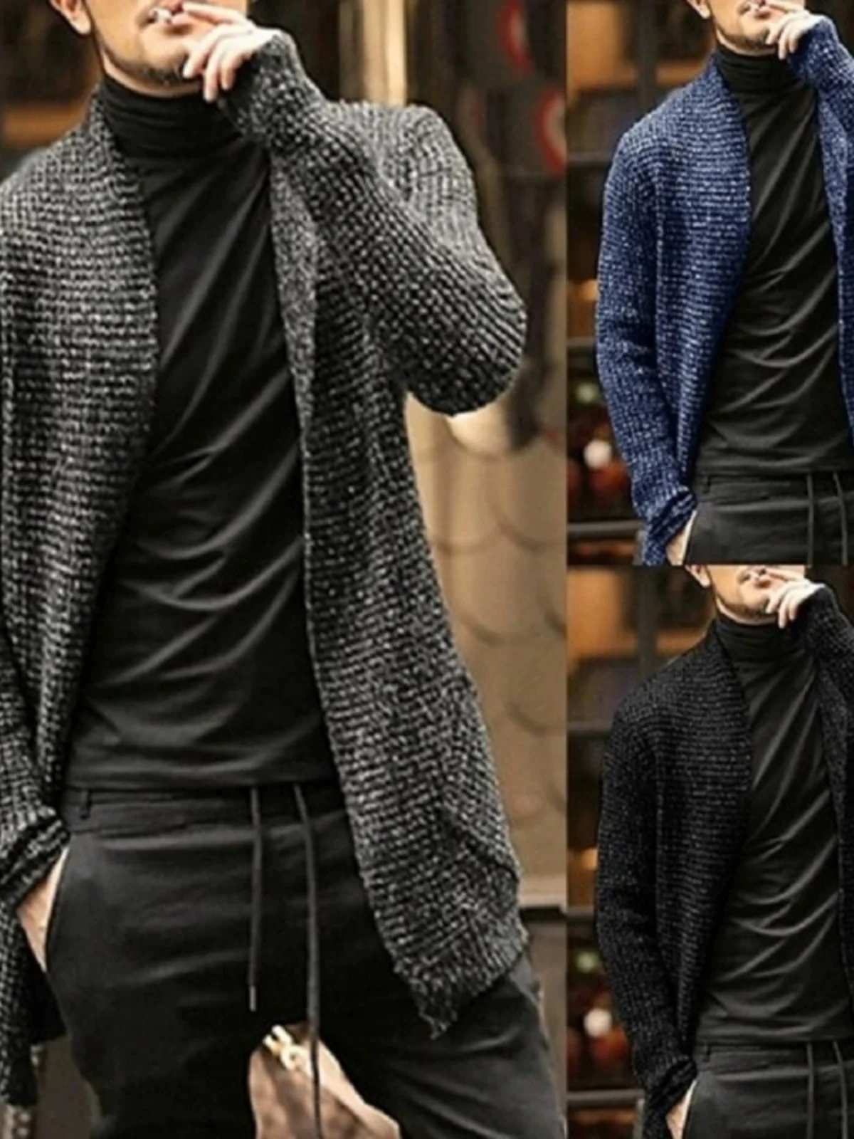 Men's Mid-Length Open Cardigan Sweater Coat Personali Design Mixed Color Knitted ket Windbreaker Outerwear Casual Winter