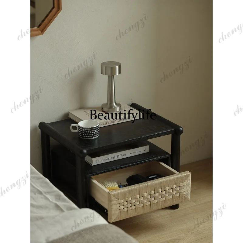 Japanese modern simple pure solid wood matte bedside table light luxury retro style black bedside table wabi sandy style